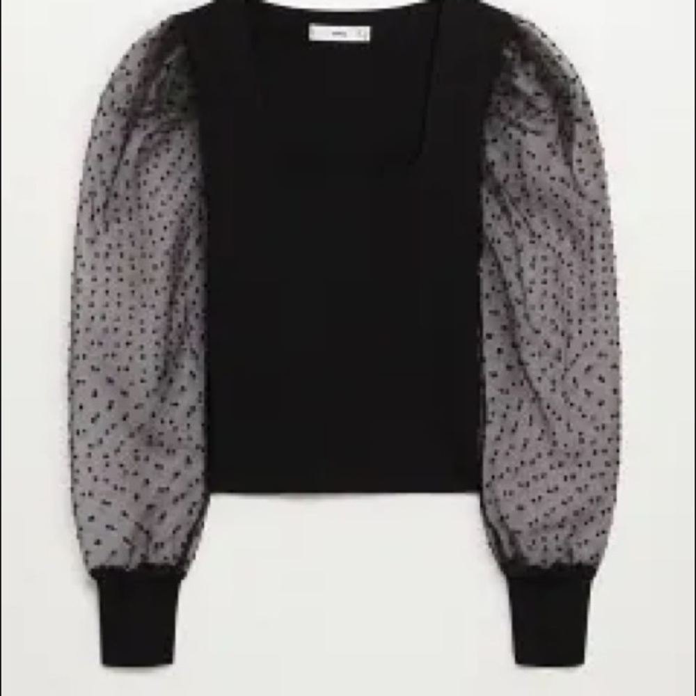 Black Top with Sheer Dot Puff Sleeves
